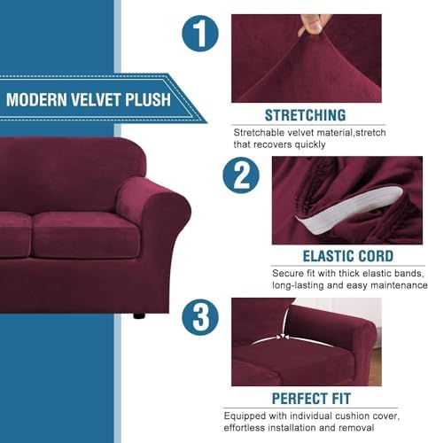 H.VERSAILTEX Velvet 4 Piece High Stretch Sofa Slipcover Cover Furniture - Image 3