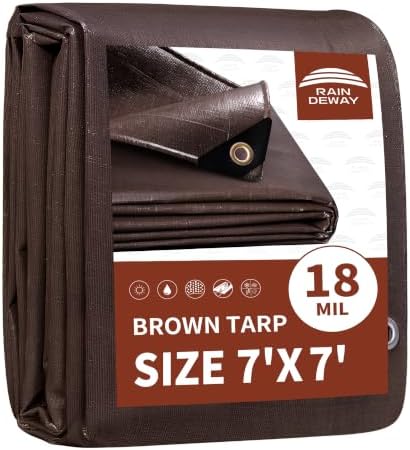 RAINDEWAY Tarp 7x7ft Brown Tarps Heavy Duty Waterproof 18Mil Extra Thick by RAINDEWAY