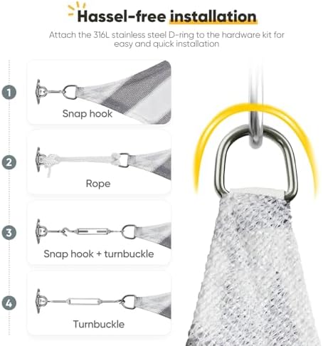 Quictent Sun Shade Sail for Patio w/Hardware Kit 185GSM 20x20ft White&Grey - Image 5