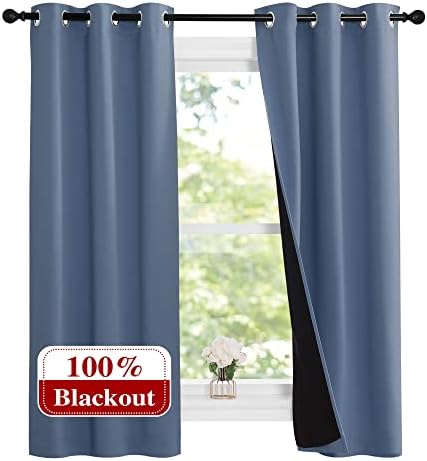 NICETOWN Stone Blue 100% Blackout Small Curtains 63 inches Long, Thermal by NICETOWN