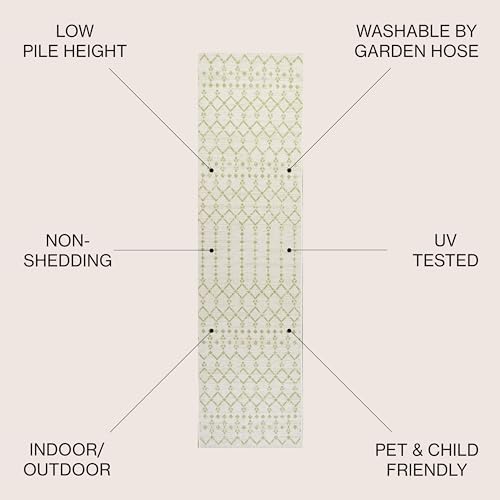 JONATHAN Y Moroccan Geometric Indoor Outdoor Runner Rug 2X10 Cream/Green - Image 2