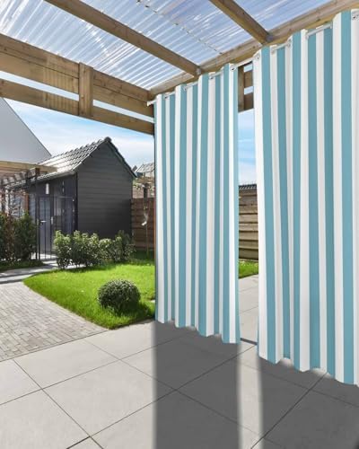 Striped Outdoor Curtains for Patio Waterproof Weatherproof, Teal and White - Image 6
