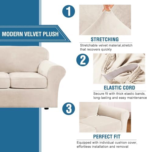 H.VERSAILTEX Modern Velvet Plush 4 Piece High Stretch Sofa Slipcover Furniture - Image 3