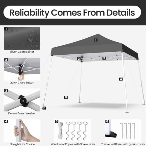 10x10 Pop Up Canopy, 300D Silver Coated Grey Fabric Outdoor Gazebo, Beach Tent - Image 4