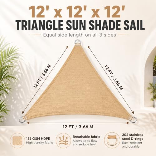 12 'x 12' x 12' Triangle Sun Shade Sail, 185 GSM HDPE - Image 2