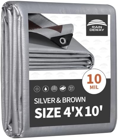 RAINDEWAY 4x10 Feet Tarps Heavy Duty Waterproof, 10Mil Multipurpose Tarp by RAINDEWAY