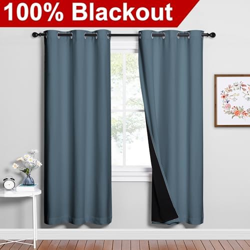 NICETOWN 100% Blackout Window Curtain Panels, Smoky Blue, 2 Pieces, 42-inch - Image 2