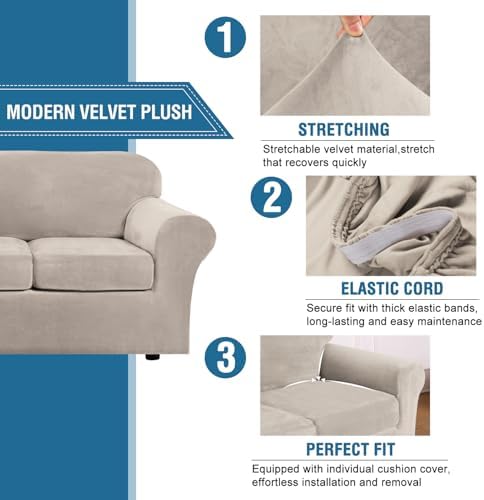 H.VERSAILTEX Real Velvet Plush 3 Piece Stretch Sofa Covers Couch Covers - Image 3