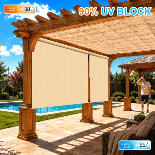 Outdoor Roller Shades for Patio 11'Wx8'H Sesame, 90% UV Block & Privacy - Image 2