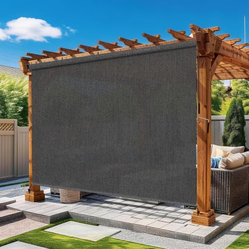 Grey Custom Size Outdoor Patio Roller Shades — 90% UV Protection, Metal Hand by Unknown