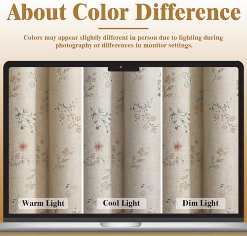 Boho Floral 100% Blackout Curtains 90 Inch 2 Panels Linen Texture - Image 5