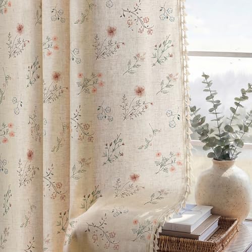 Boho Floral Light Filtering Curtains 84 Inch 2 Panels Linen Texture - Image 6