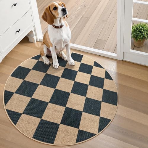 Lahome Checkered Easy Jute Entryway Rug, 3ft Round Washable Rugs Black by Lahome