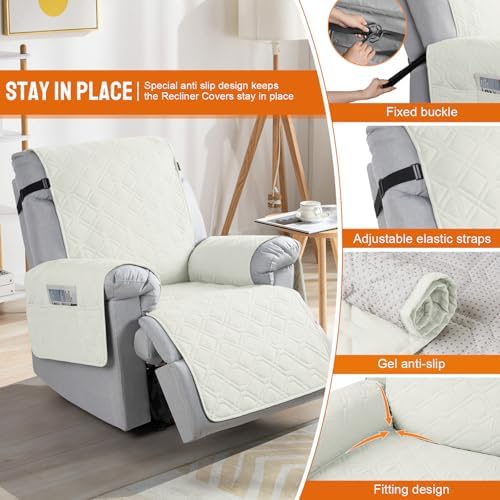 VANSOFY 100% Waterproof Recliner Chair Covers Washable, Off White - Image 3
