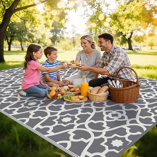 HEBE Waterproof Outdoor Rug 8'x10', Geometric Reversible Plastic Patio Rug - Image 3