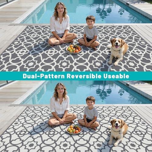 HEBE Waterproof Outdoor Rug 8'x10', Geometric Reversible Plastic Patio Rug - Image 6