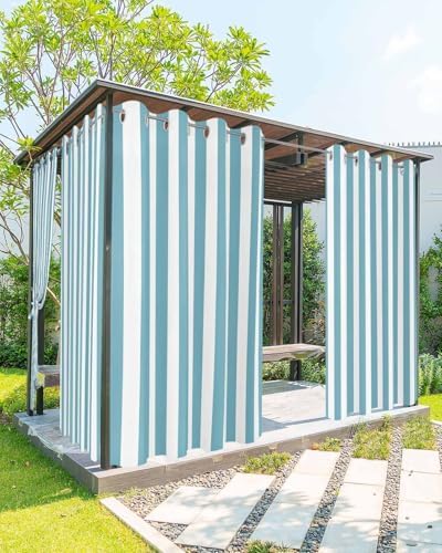 Striped Outdoor Curtains for Patio Waterproof Weatherproof, Teal and White by BABE+MAPS