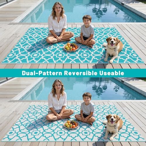 HEBE Waterproof Outdoor Rug 5'x8', Geometric Reversible Plastic Patio Rug - Image 6