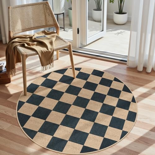Lahome Checkered Easy Jute 4ft Round Outdoor Rug, Washable Small Rugs Black by Lahome