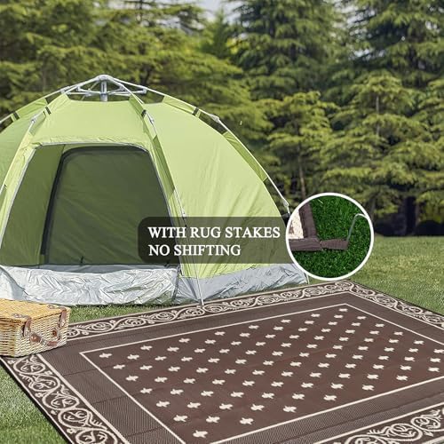 Pauwer Waterproof Outdoor Rug 10x14, Plastic Patio Rug, Bordered Brown - Image 6