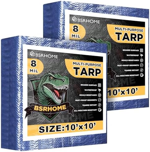 Tarps Waterproof 10x10 Feet, 2 Pack Heavy Duty Blue Tarp Cover 8 Mil Thick by BSRHOME