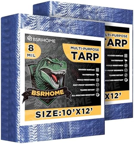 Tarps Waterproof 10x12 Feet, 2 Pack Heavy Duty Blue Tarp Cover 8 Mil Thick by BSRHOME