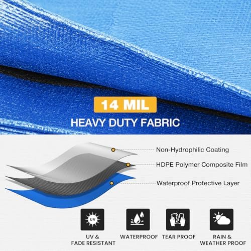 Winpull Heavy Duty Tarp 14 Mil Tarp Waterproof Blue 10x20 FT, UV Resistant Poly - Image 2