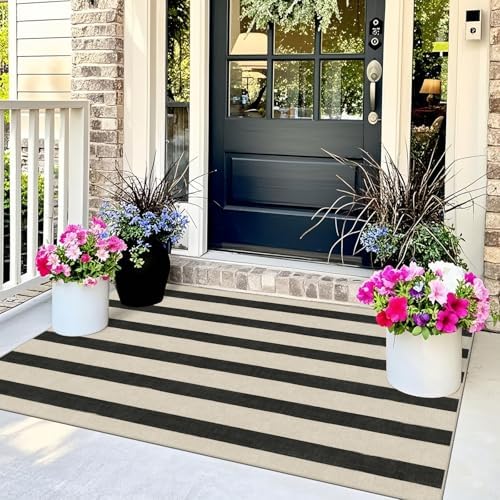 Black and White Striped Entry Rug, 3x5 Non-Slip Indoor Outdoor Rugs - Image 7