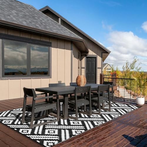 Kalafun Outdoor Patio Plastic Straw Rug, 5x8 ft, Moden Black White - Image 5