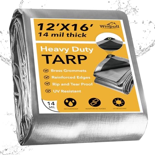 Winpull Heavy Duty Tarp 14 Mil Tarp Waterproof Silver 12x16 FT, UV Resistant by Winpull