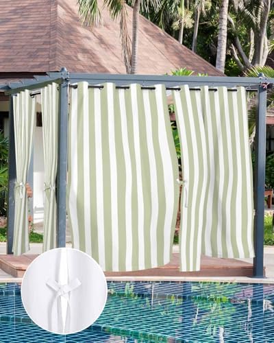 Striped Outdoor Curtains for Patio Waterproof Weatherproof, Sage Green and - Image 5