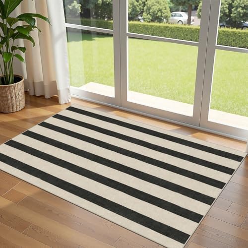 Black and White Striped Entry Rug, 3x5 Non-Slip Indoor Outdoor Rugs by Othilic
