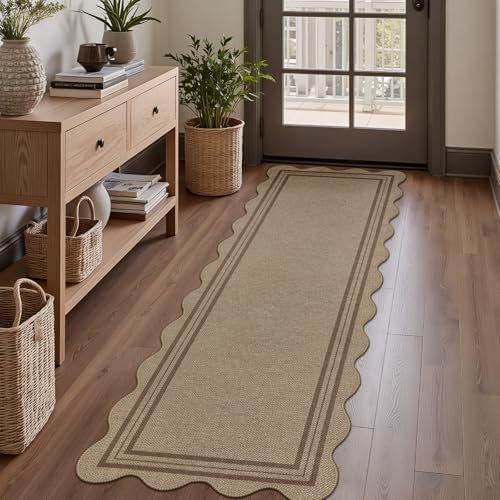 Scalloped Easy Jute 2x6 Kitchen Runner Rug, Washable Rugs by LORWER