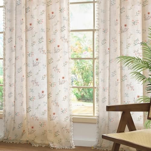 Boho Floral Light Filtering Curtains 84 Inch 2 Panels Linen Texture - Image 5