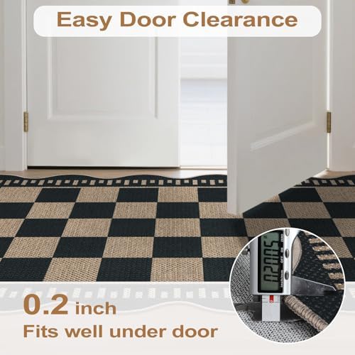 Checkered Easy Jute 4x6 Outdoor Patio Rug, Washable Indoor Outdoor Black - Image 6