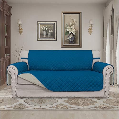 Easy-Going Reversible Couch Cover, 2 Cushion Sofa, Peacockblue/Beige - Image 2