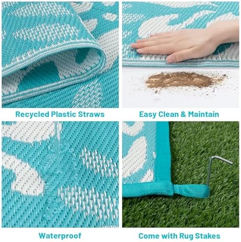 HEBE Waterproof Outdoor Rug 6'x9', Floral Reversible Plastic Patio Rug - Image 4