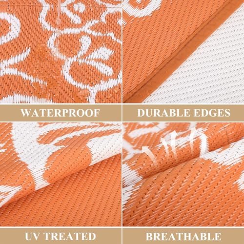 Pauwer Outdoor Rug 8x10, Waterproof Plastic Camping Rug, Floral Orange - Image 3
