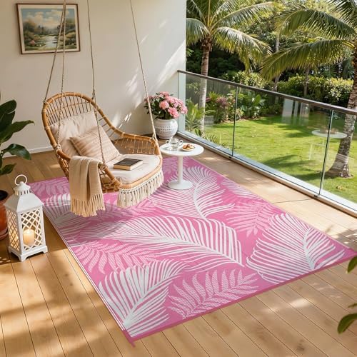 Pauwer Waterproof Outdoor Rug 6x9, Plastic Straw Patio Rug, Leaf Pink - Image 7