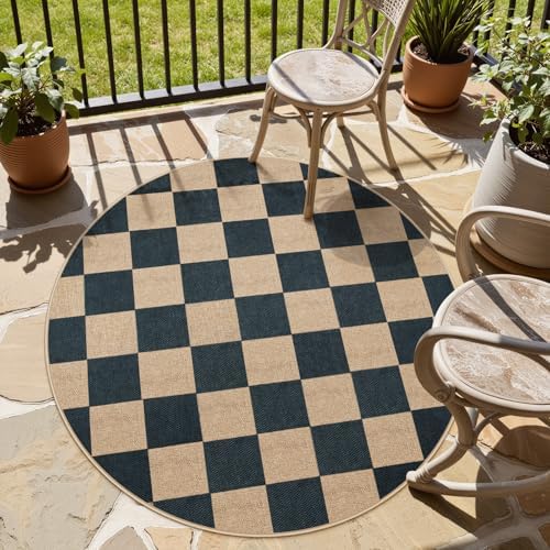 Lahome Checkered Easy Jute 4ft Round Outdoor Rug, Washable Small Rugs Black - Image 2
