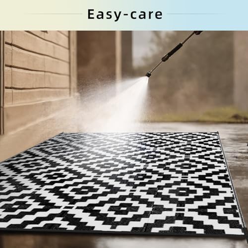 Favoyard Outdoor Rug Black & White 6x9 ft Waterproof Reversible Carpet Mat - Image 4