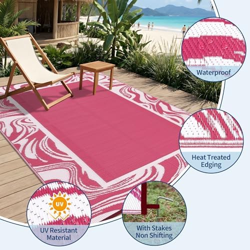 Garvee 9x12 Large Pink Outdoor Rug, Weather Resistant, Quick Dry Patio Rugs - Image 5