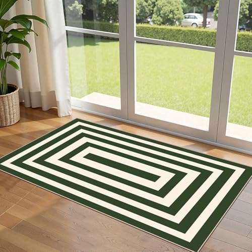 Front Door Mat Indoor Entrance 2x4.3 Modern Green White Striped Rug by Othilic