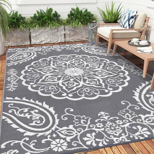 Pauwer Outdoor Rug 10x14, Waterproof Plastic Straw Camping Rug, Boho Grey - Image 6