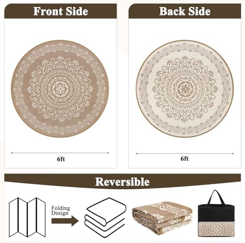 Pauwer Outdoor Rug 6ft, Waterproof Plastic Straw Camping Rug, Floral Brown - Image 2