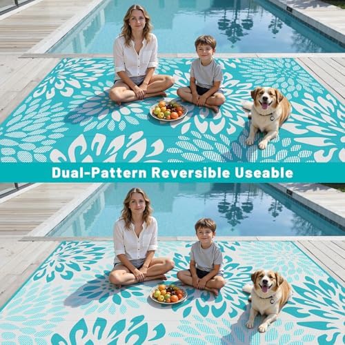 HEBE Waterproof Outdoor Rug 8'x10', Floral Reversible Plastic Patio Rug - Image 6