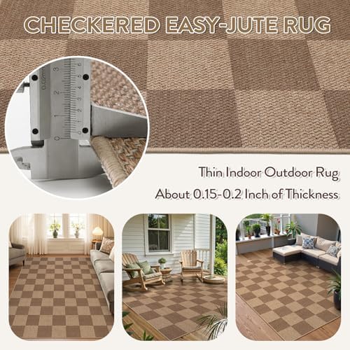Lahome Checkered Easy Jute Living Room Rug, 5x7 Outdoor Patio Rugs Washable - Image 4