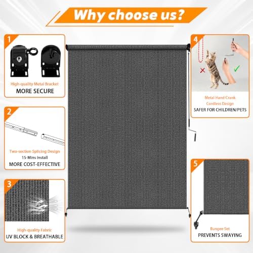 Grey Outdoor Roller Shades 8' W x 6' H, Exterior Cordless Patio Shade Roll - Image 3