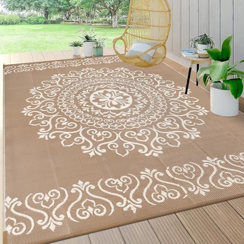 Pauwer Outdoor Rug 9x12, Waterproof Plastic Straw Camping Rug, Floral Brown by Pauwer