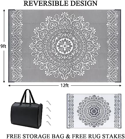 Pauwer Outdoor Rug 9x12, Waterproof Plastic Straw Camping Rug, Floral Grey - Image 2